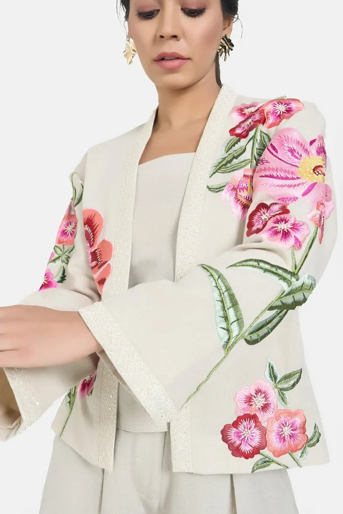 Beige Linen Embroidery Floral Jacket Set