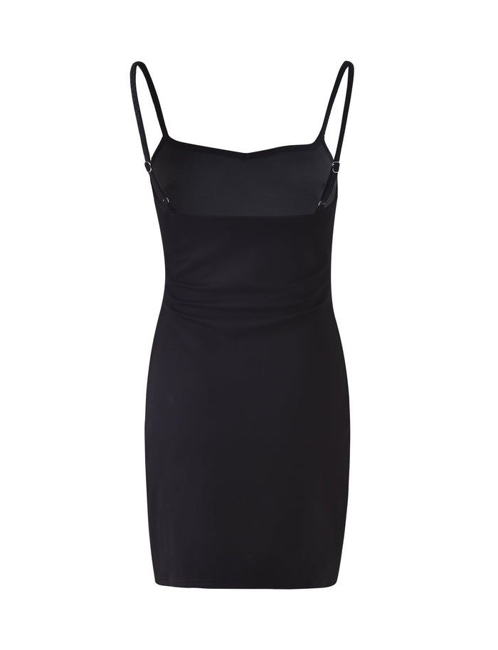 The BESSIE DRESS - BLACK by TIGERMIST is an elegant and chic bodycon dress with thin spaghetti straps. This form-fitting dress features a smooth, seamless look and a slightly scooped neckline, making it perfect for formal or semi-formal occasions. The dress is displayed on a plain white background.