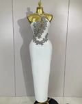 Bianca white backless bandage mini dress featuring a bodycon fit and hand-applied sparkly crystal diamonds.