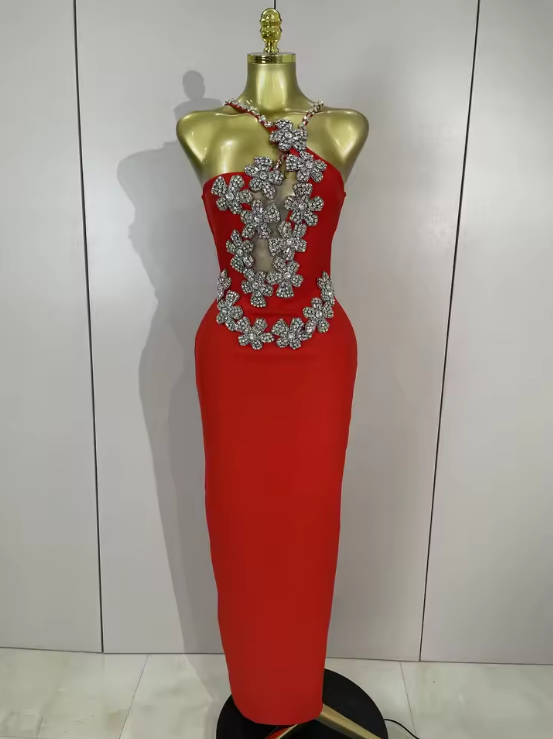 Bianca white backless bandage mini dress featuring a bodycon fit and hand-applied sparkly crystal diamonds.