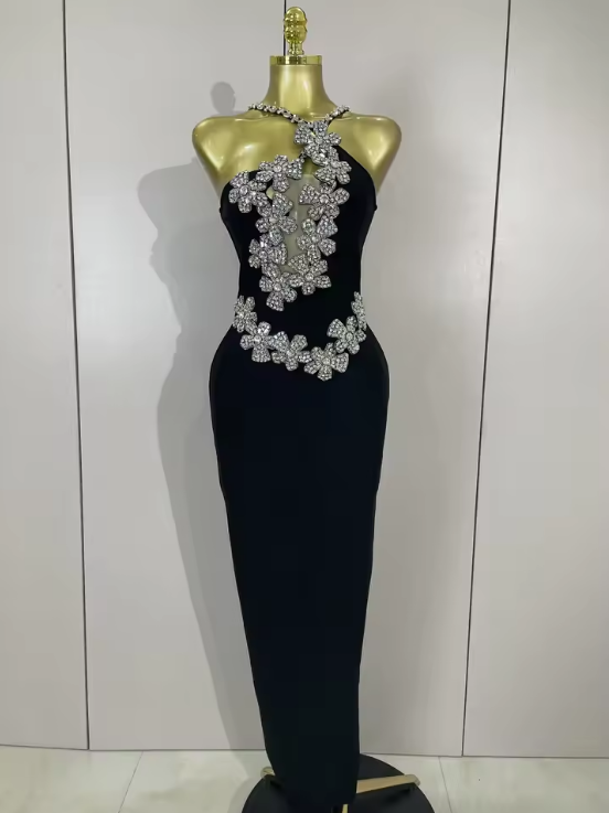 Bianca white backless bandage mini dress featuring a bodycon fit and hand-applied sparkly crystal diamonds.