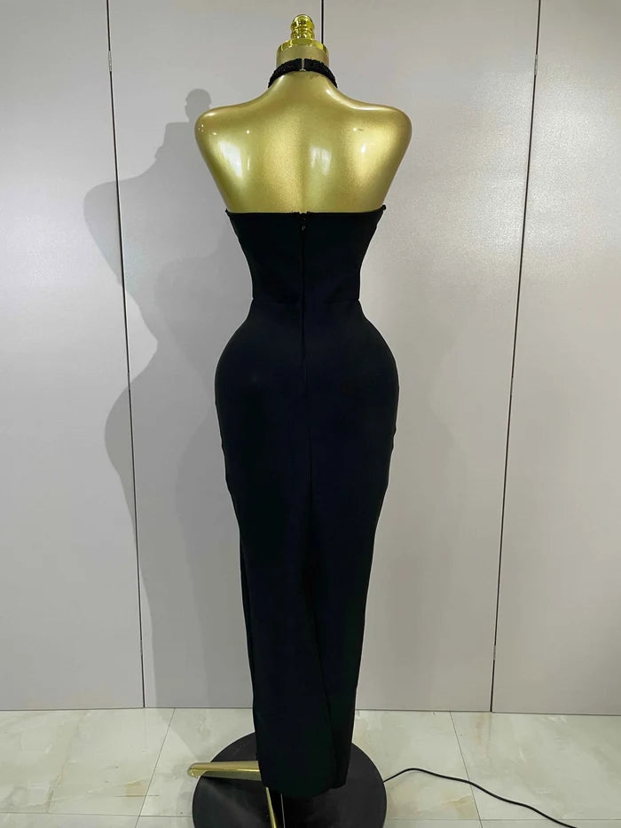 Bianca Sexy Beaded Scalloped Halter Black Bodycon Bandage Maxi Dress