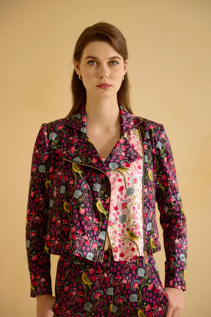 Black and White Parrot Print Biker Jacket & Pants Set