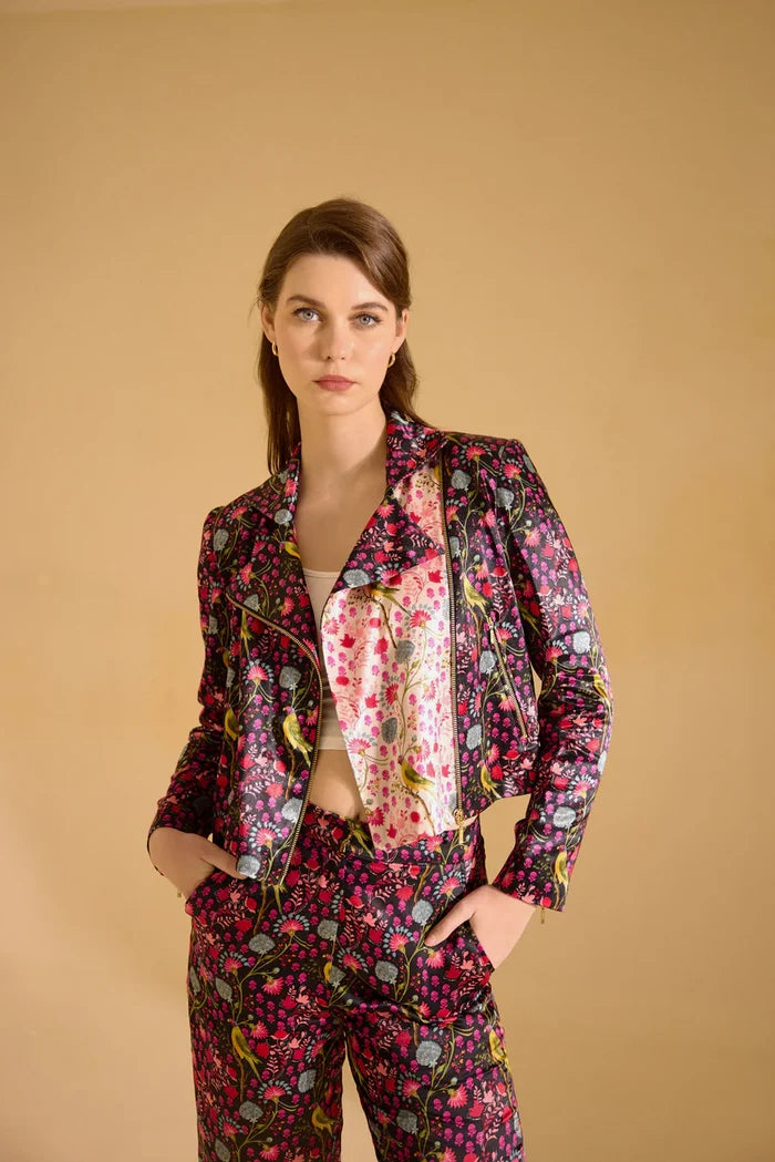 Black and White Parrot Print Biker Jacket & Pants Set