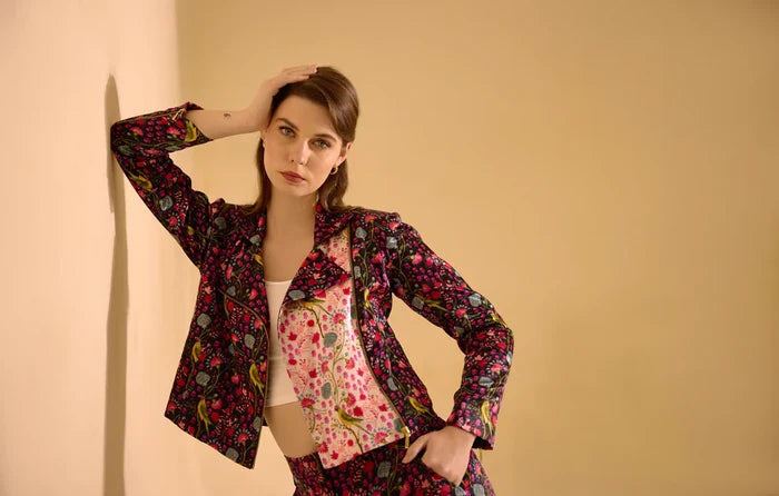 Black and White Parrot Print Biker Jacket & Pants Set