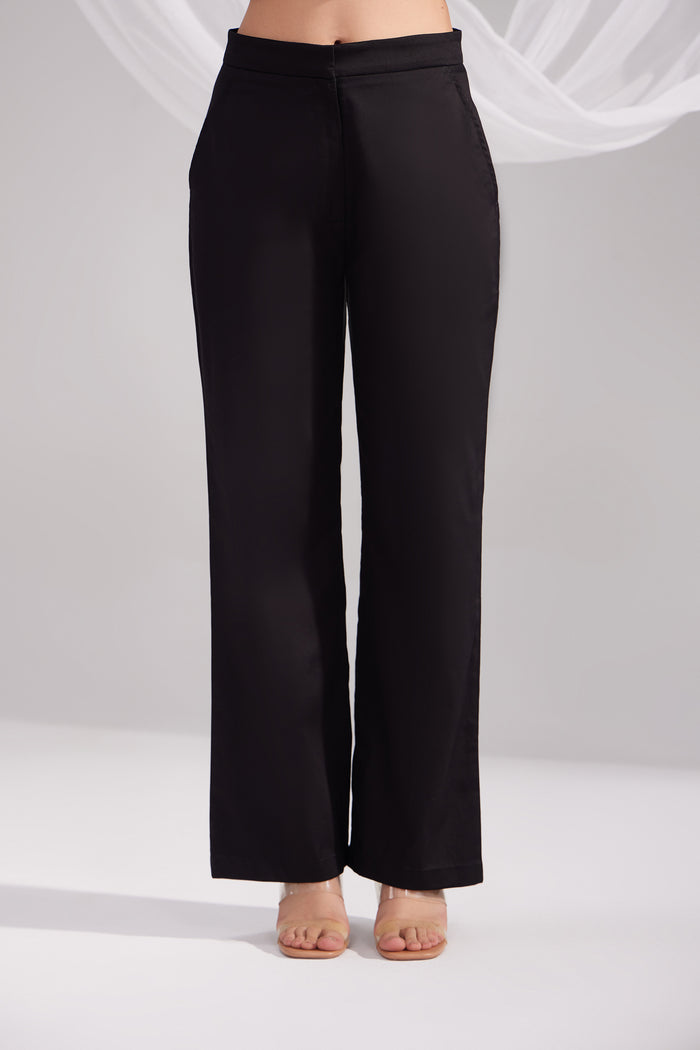 Black Cotton Satin Straight Pants
