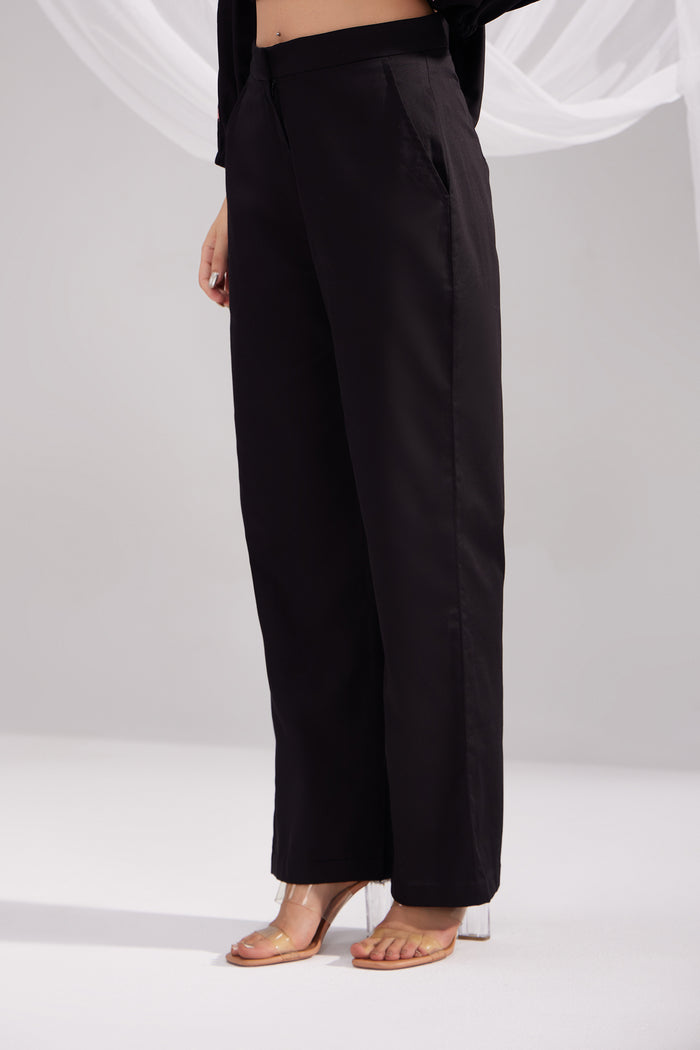 Black Cotton Satin Straight Pants