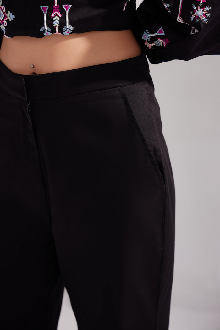 Black Cotton Satin Straight Pants