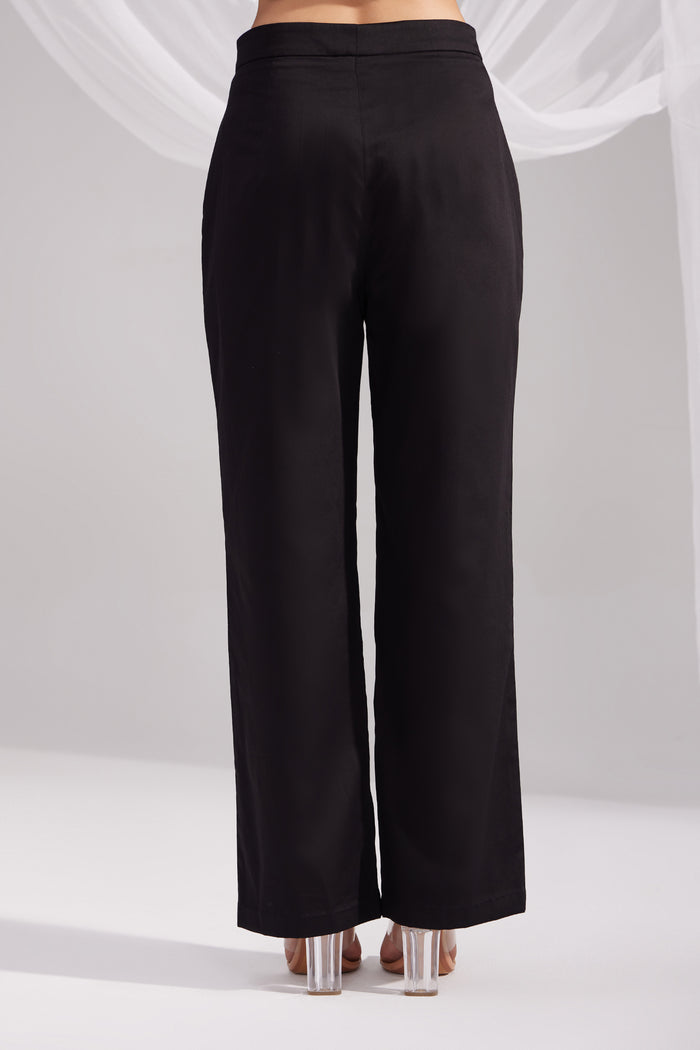 Black Cotton Satin Straight Pants