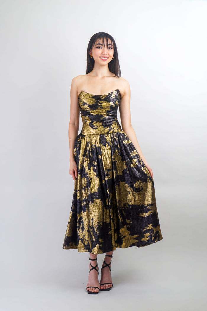 Private Label DRESSES Black & Gold Tie Dye Drop Waist Midi Dress