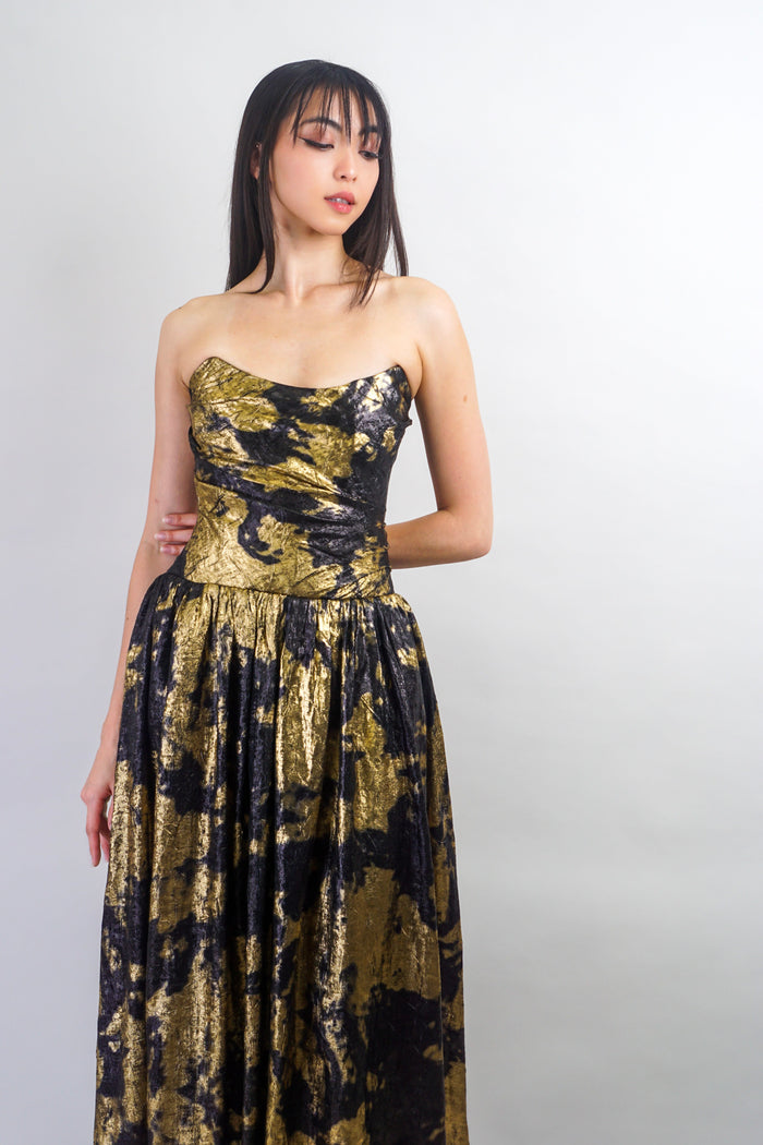 Private Label DRESSES Black & Gold Tie Dye Drop Waist Midi Dress