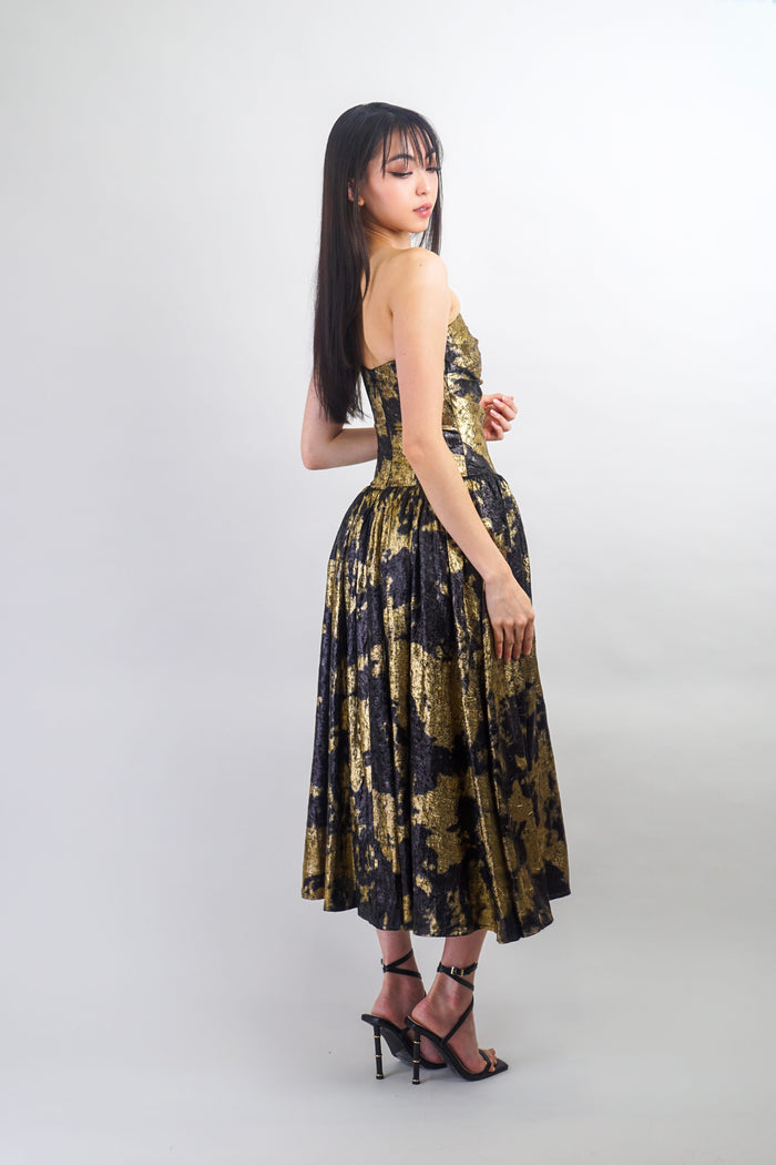 Private Label DRESSES Black & Gold Tie Dye Drop Waist Midi Dress