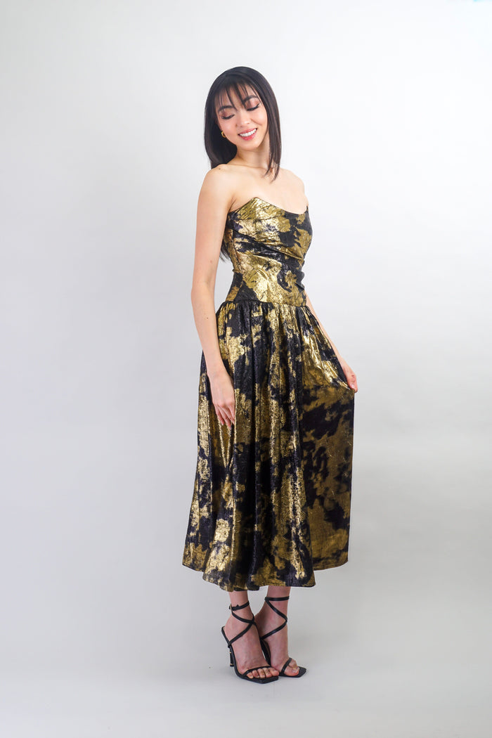 Private Label DRESSES Black & Gold Tie Dye Drop Waist Midi Dress