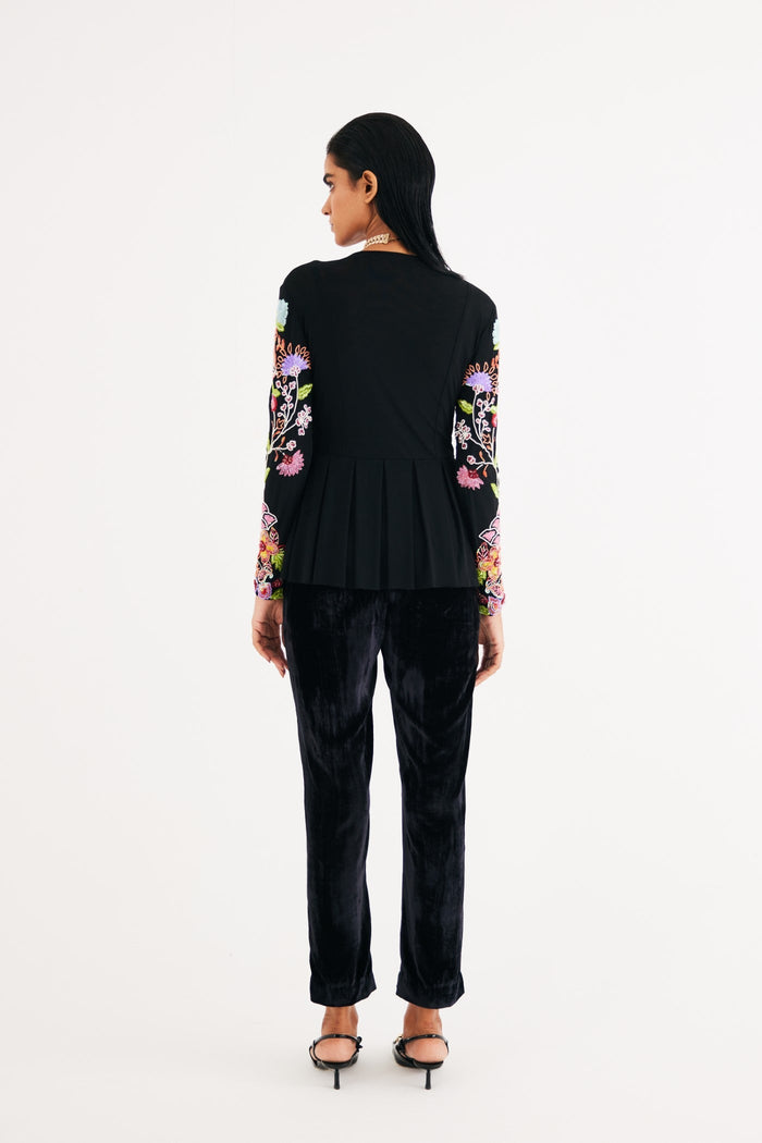Black Hand Embroidered FLoral Net Top and Narrow Pants, Black Silk Velvet Narrow Pants, Lycra Net fabric, Machine and Hand embroidered, BeTrue, Be True
