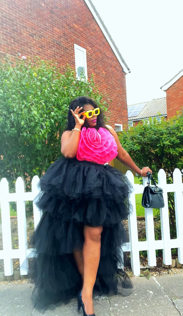 Black High-Low Tiered Tulle Statement Skirt