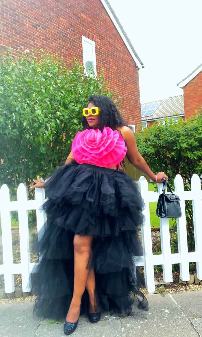 Black High-Low Tiered Tulle Statement Skirt