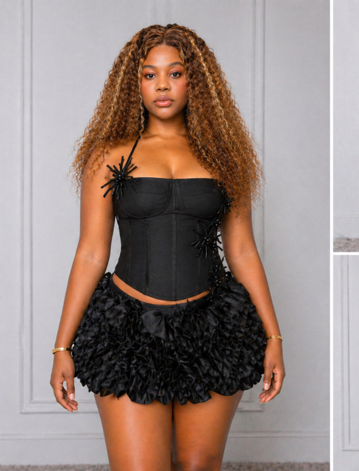 Black Lace-Up Corset Top & rose detail Mini Skirt 2pc Set