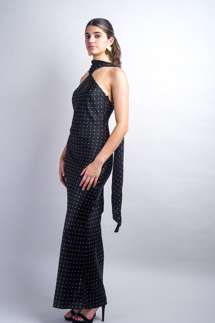 Black Magdalena Dress - Polka Dot Bias Maxi Dress With Scarf