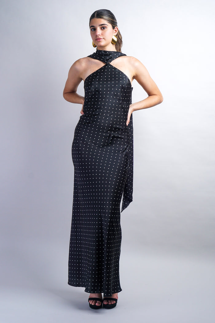 Black Magdalena Dress - Polka Dot Bias Maxi Dress With Scarf
