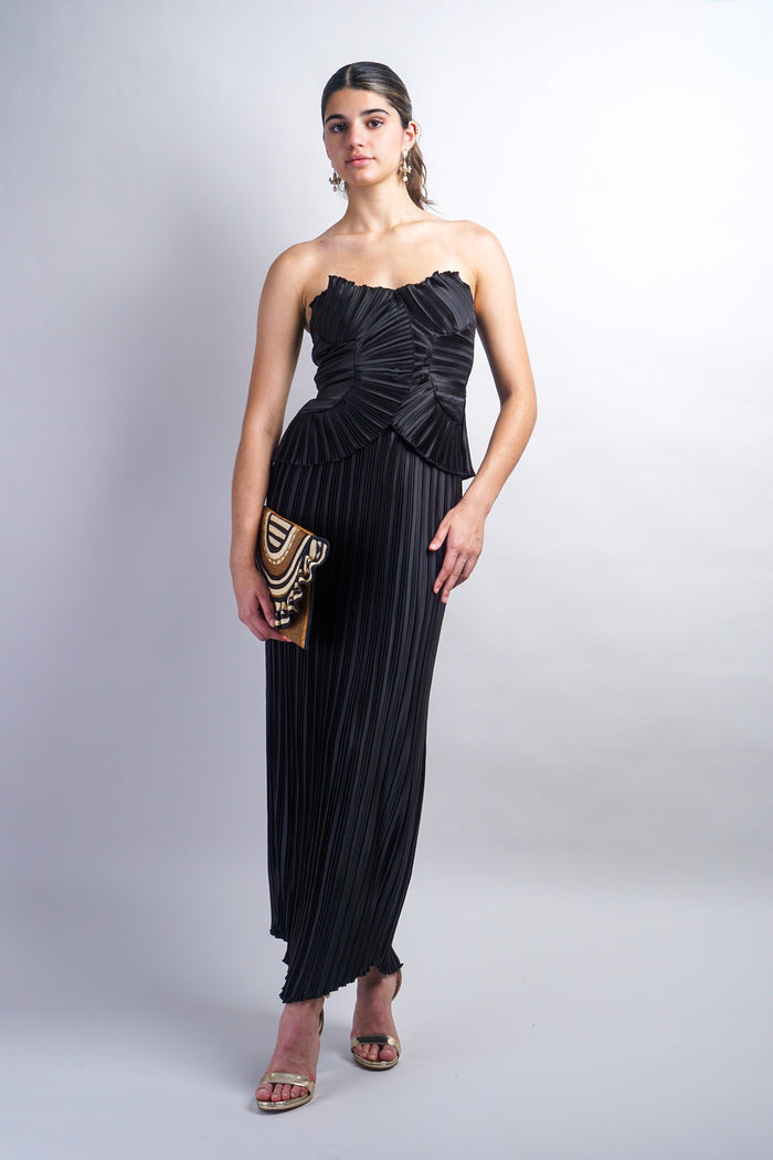 Black Pleated Ruffle Strapless Top and Pencil Skirt Set