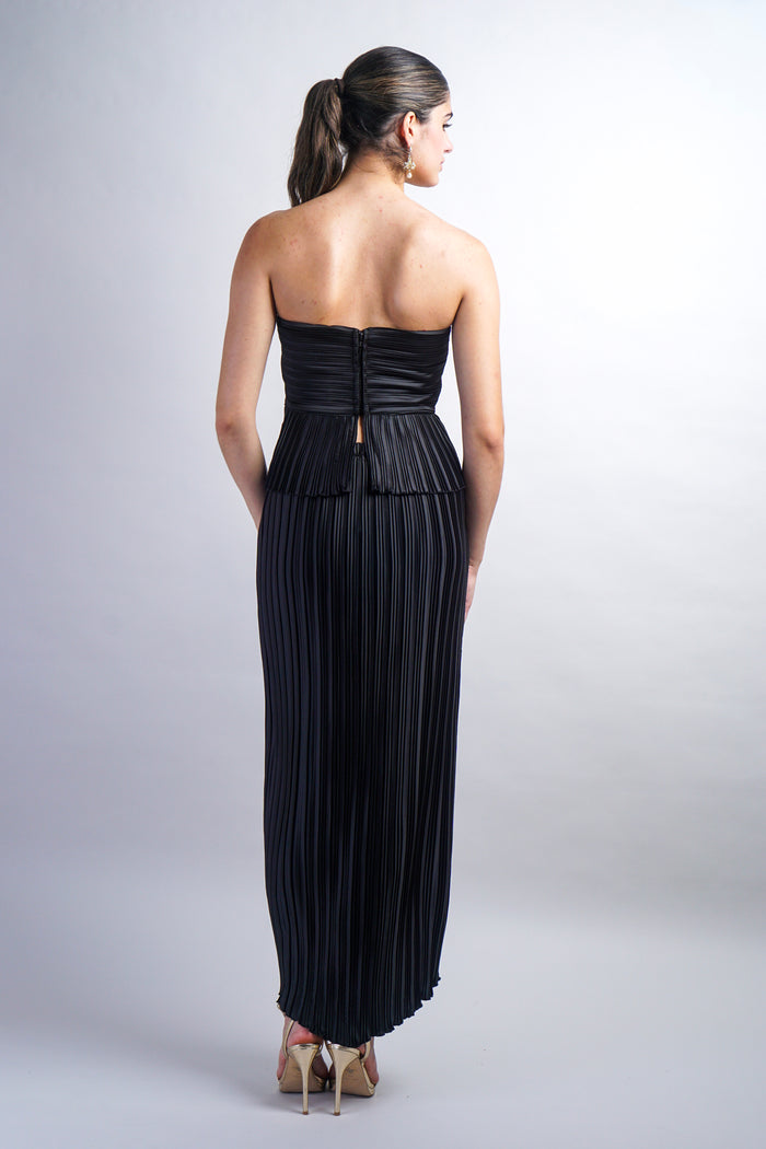 Black Pleated Ruffle Strapless Top and Pencil Skirt Set
