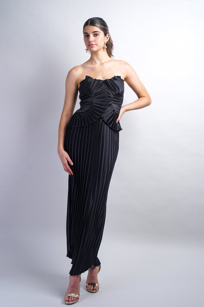 Black Pleated Ruffle Strapless Top and Pencil Skirt Set