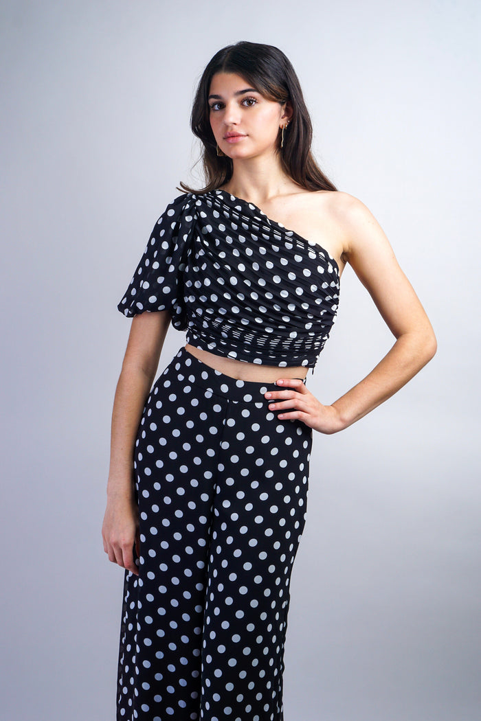 Private Label TOPS Black Polka Dot One Shoulder Top