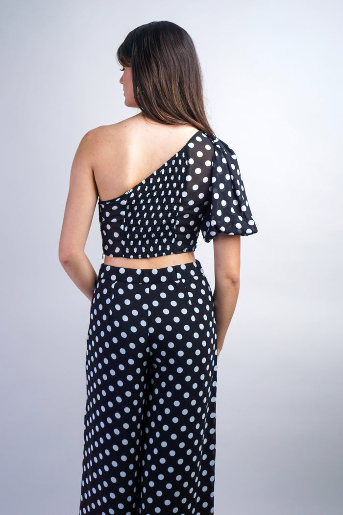 Private Label TOPS Black Polka Dot One Shoulder Top