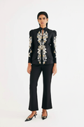 Black Silk Chanderi Embroidered Temple Jacket and Flared Pant Set