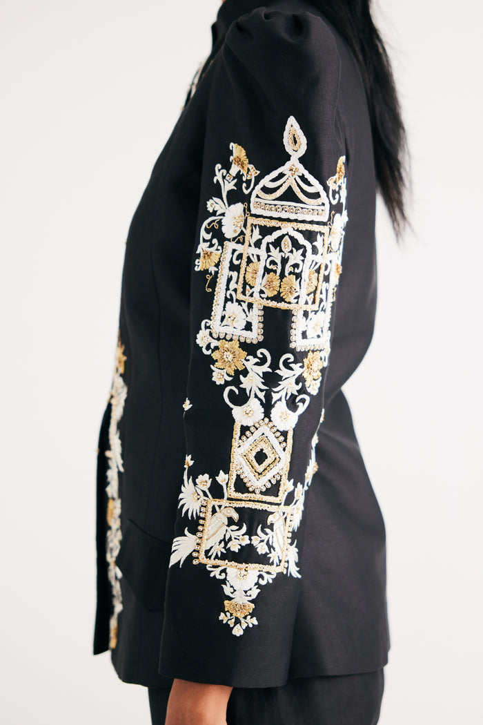 Black Silk Chanderi Embroidered Temple Jacket and Flared Pant Set