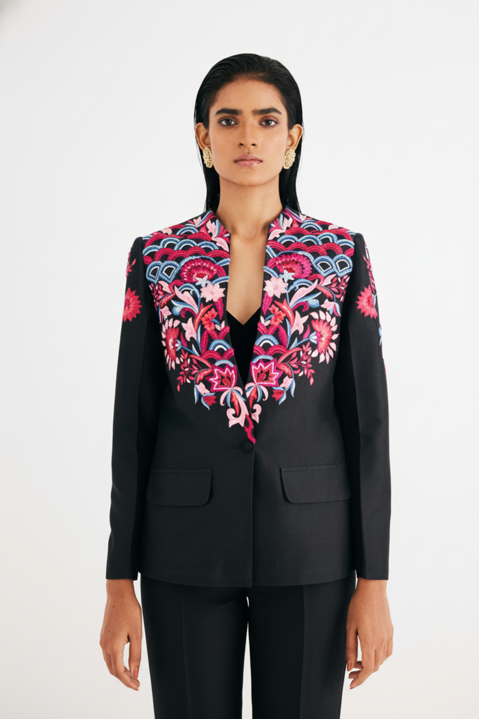 Black Silk Chanderi Floral Embroidered Jacket & Pant Set