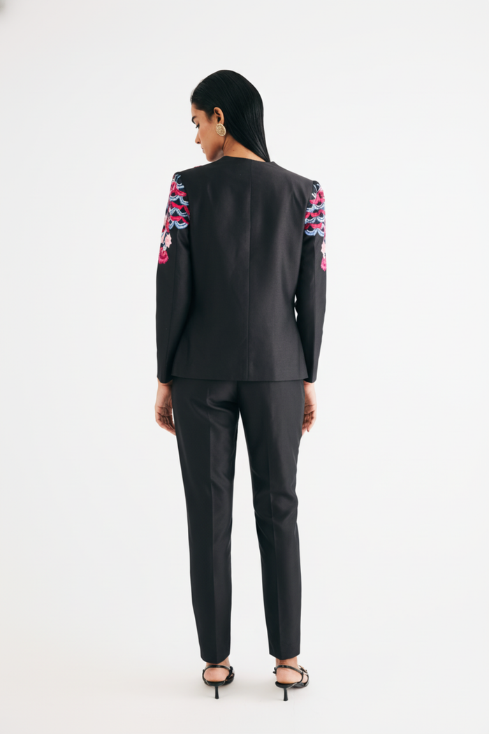 Black Silk Chanderi Floral Embroidered Jacket & Pant Set
