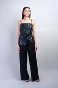 Private Label TOPS Black Vegan Leather Gold Square Button Top