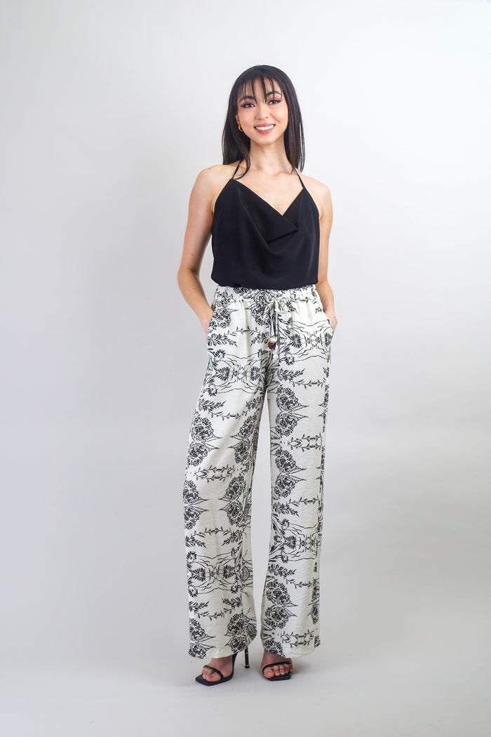 Private Label PANTS Black/White Drawstring Linen Pant