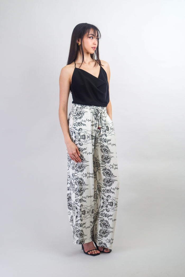 Private Label PANTS Black/White Drawstring Linen Pant