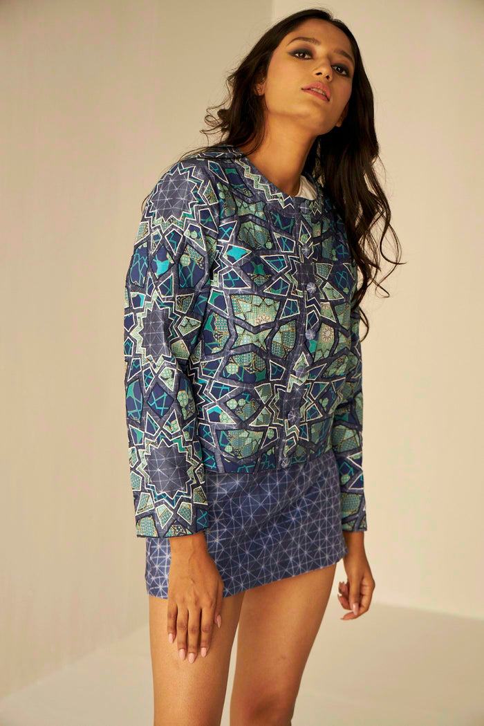 Blue- Short Appliqué Embroidered Shibori Jacket, Short Skirt And White Gathered Blouse Set, BeTrue, Be True
