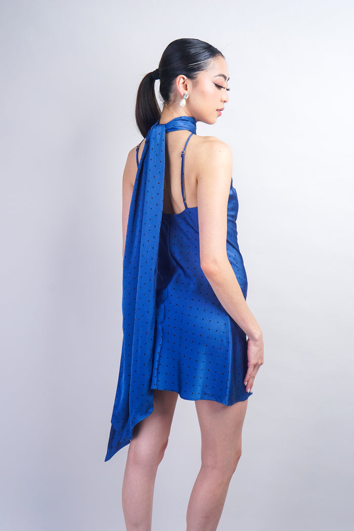 Blue Mini Slip Polka Dot Bias Dress With Scarf