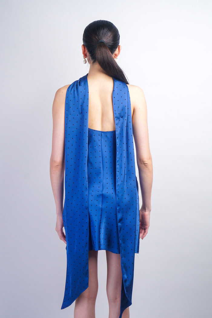 Blue Mini Slip Polka Dot Bias Dress With Scarf