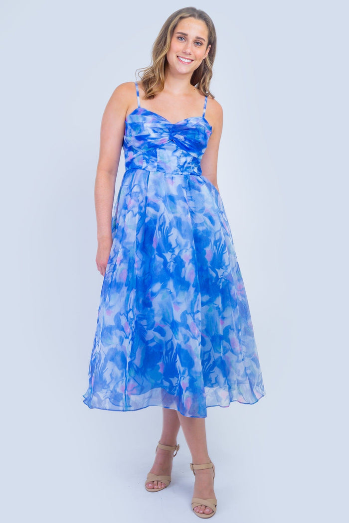 DCD DRESSES Blue Pink Organza Fit and Flare Midi Dress