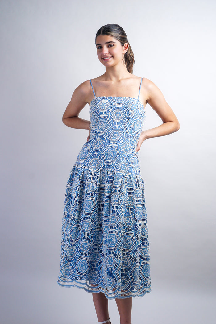 Blue/Ivory Crochet Scallop Straps Dress