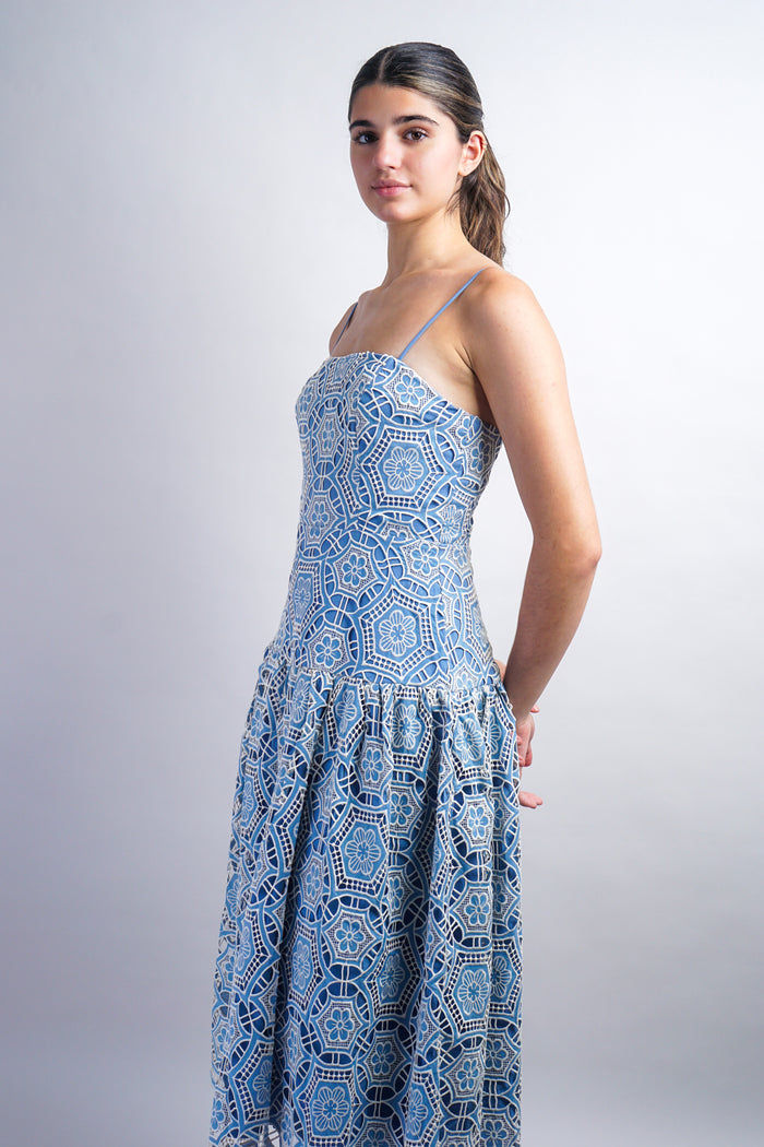 Blue/Ivory Crochet Scallop Straps Dress