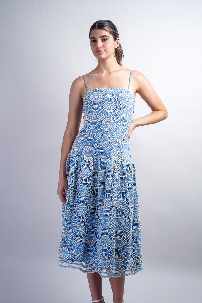 Blue/Ivory Crochet Scallop Straps Dress