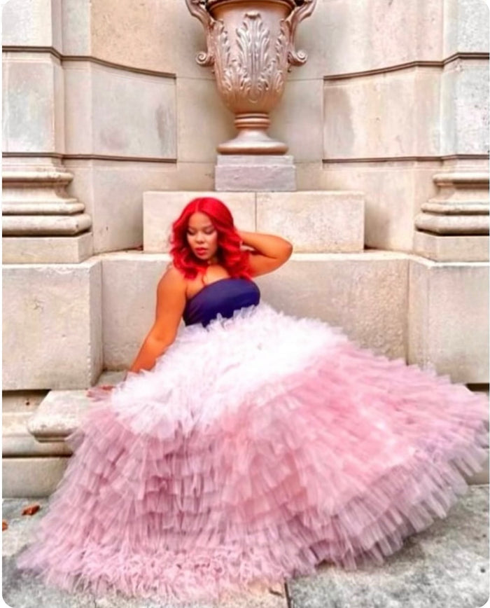 Blush ombré tiered tulle skirt with voluminous layers styled for a dramatic elegant look