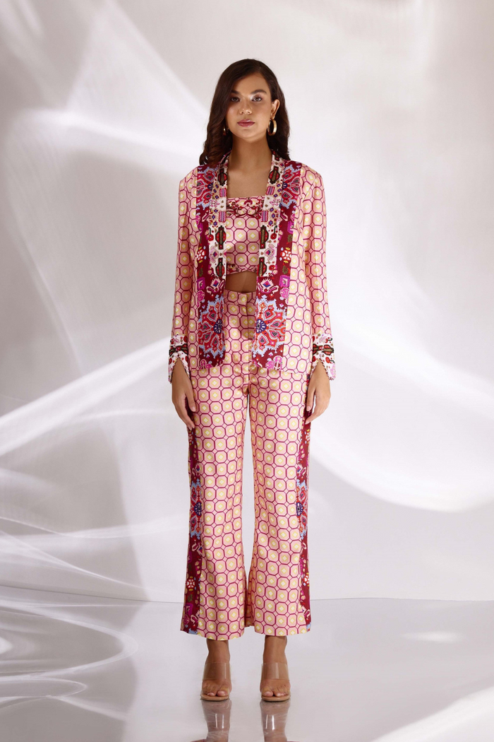 Blush Pink Mix Print Hand Embroidered Blazer Set