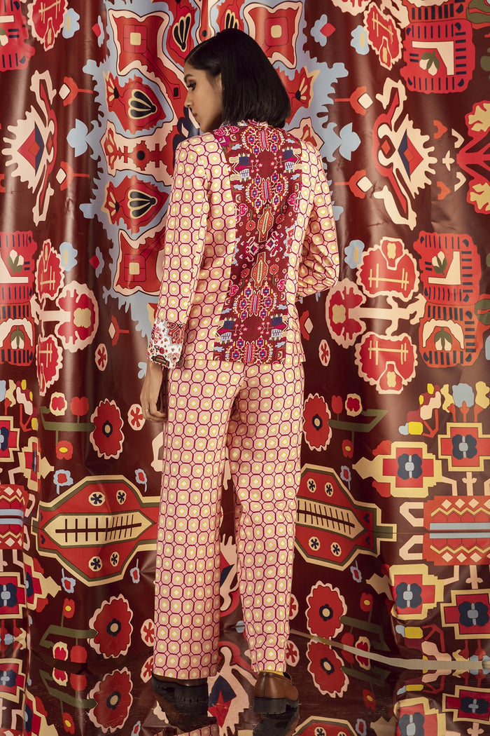 Blush Pink Mix Print Hand Embroidered Bustier, Blazer & Pants in Handloom Organic Cotton And Banana Silk, BeTrue, Be True