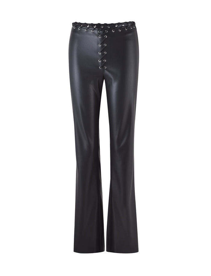 Introducing the BOSCO PANT - BLACK: BLACK PU from TIGERMIST. These black faux leather pants feature a lace-up front detail, slightly flared legs, and a high-waisted fit. The silver lace-up eyelets add a stylish and edgy touch, culminating in a sleek and modern look.