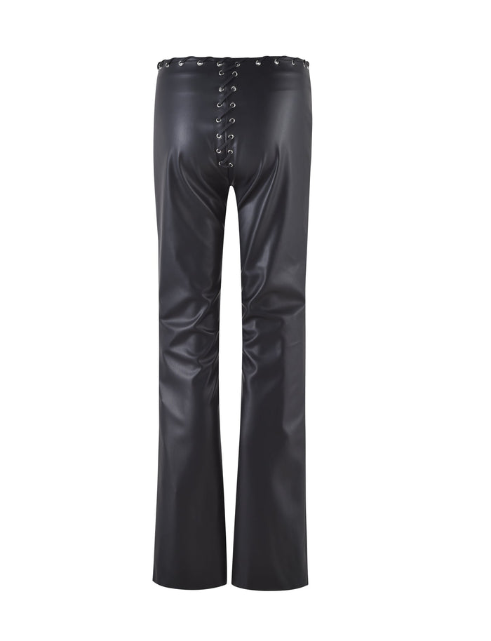 Check out the BOSCO PANT - BLACK : BLACK PU from TIGERMIST. These black leather pants feature a lace-up detailing at the waistline, offering an edgy and stylish look. With their shiny finish and wide legs, these chic pants are perfect for making a statement. The image showcases the back view of these trendy TIGERMIST Bosco Pants.