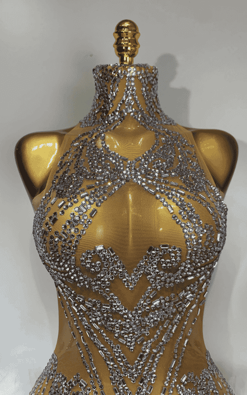 Sexy see-through mesh cocktail mini dress with diamond rhinestone embellishments and fitted silhouette