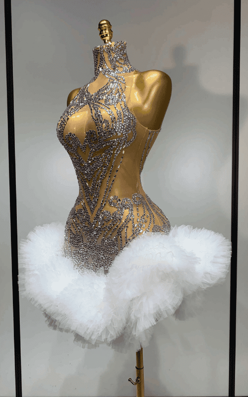 Sexy see-through mesh cocktail mini dress with diamond rhinestone embellishments and fitted silhouette