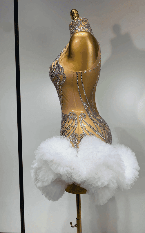 Sexy see-through mesh cocktail mini dress with diamond rhinestone embellishments and fitted silhouette